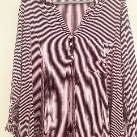 MARKS & SPENCER Womens Top Blouse Striped Red White Burgundy Cuffed Pocket - Picture 8 of 8